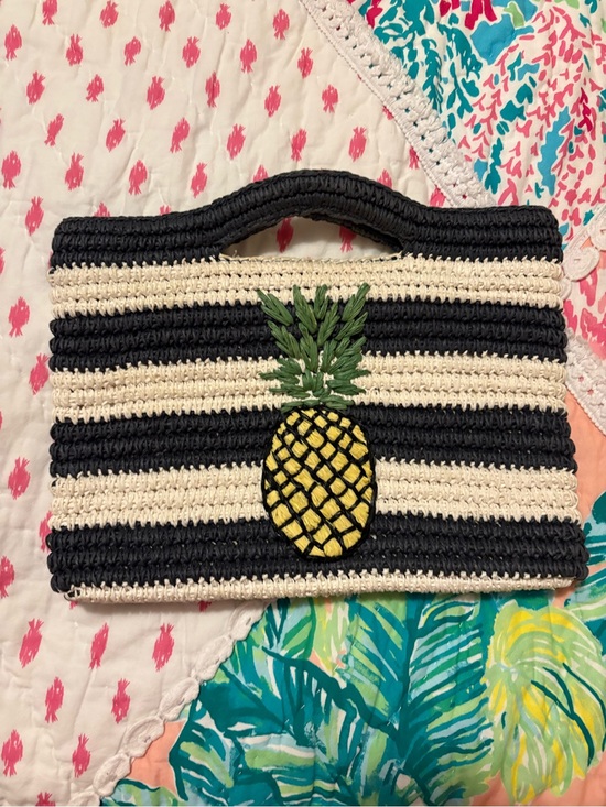 Talbots Handbags - Talbots Striped Pineapple Crochet Tote Bag in Black and Cream